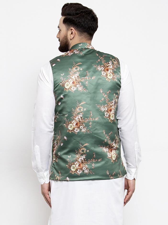 Jompers Men Green & Brown Printed Satin Nehru Jacket