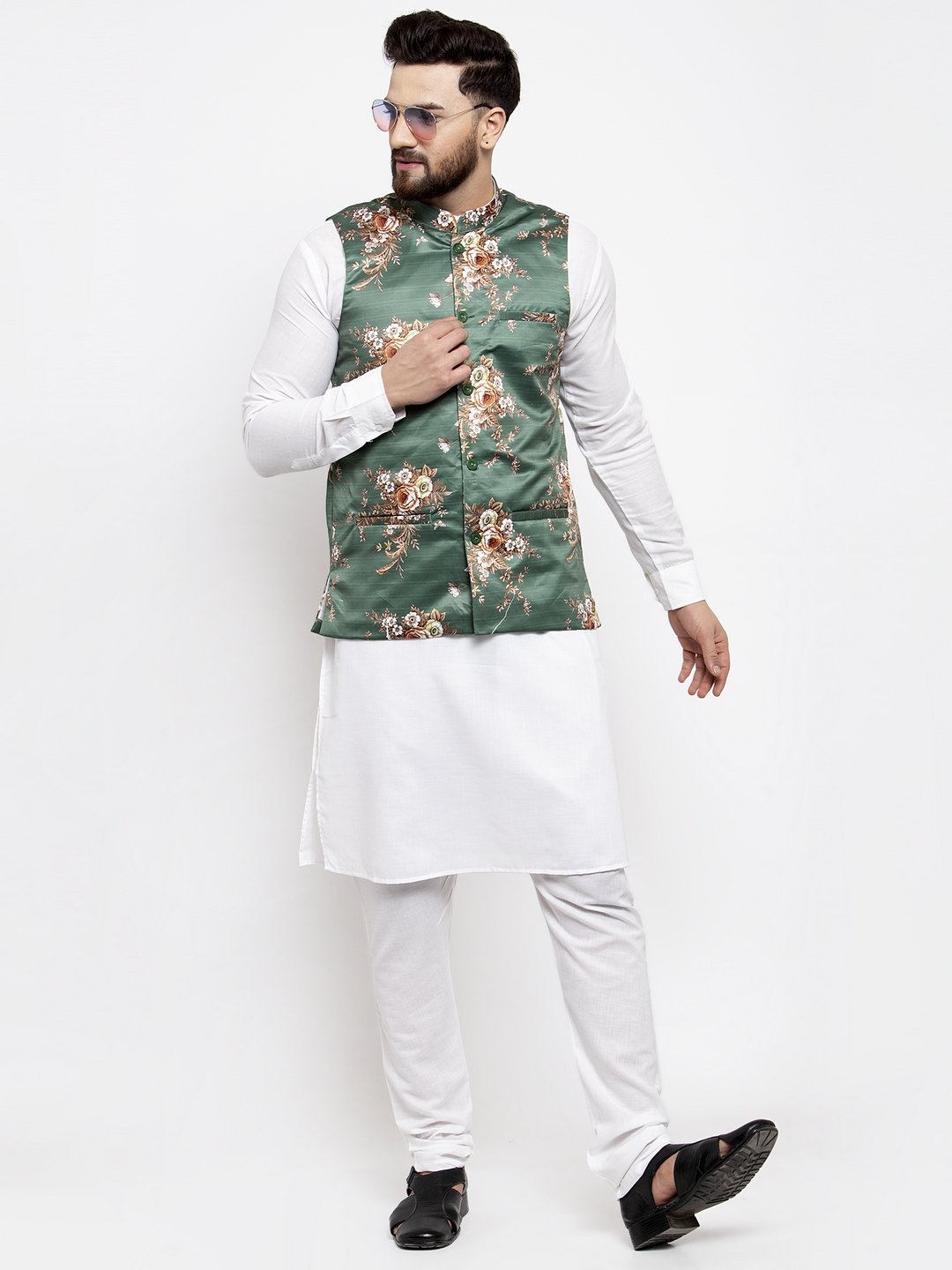 Jompers Men Green & Brown Printed Satin Nehru Jacket