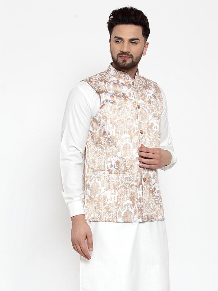 Jompers Men Beige Printed Satin Nehru Jacket