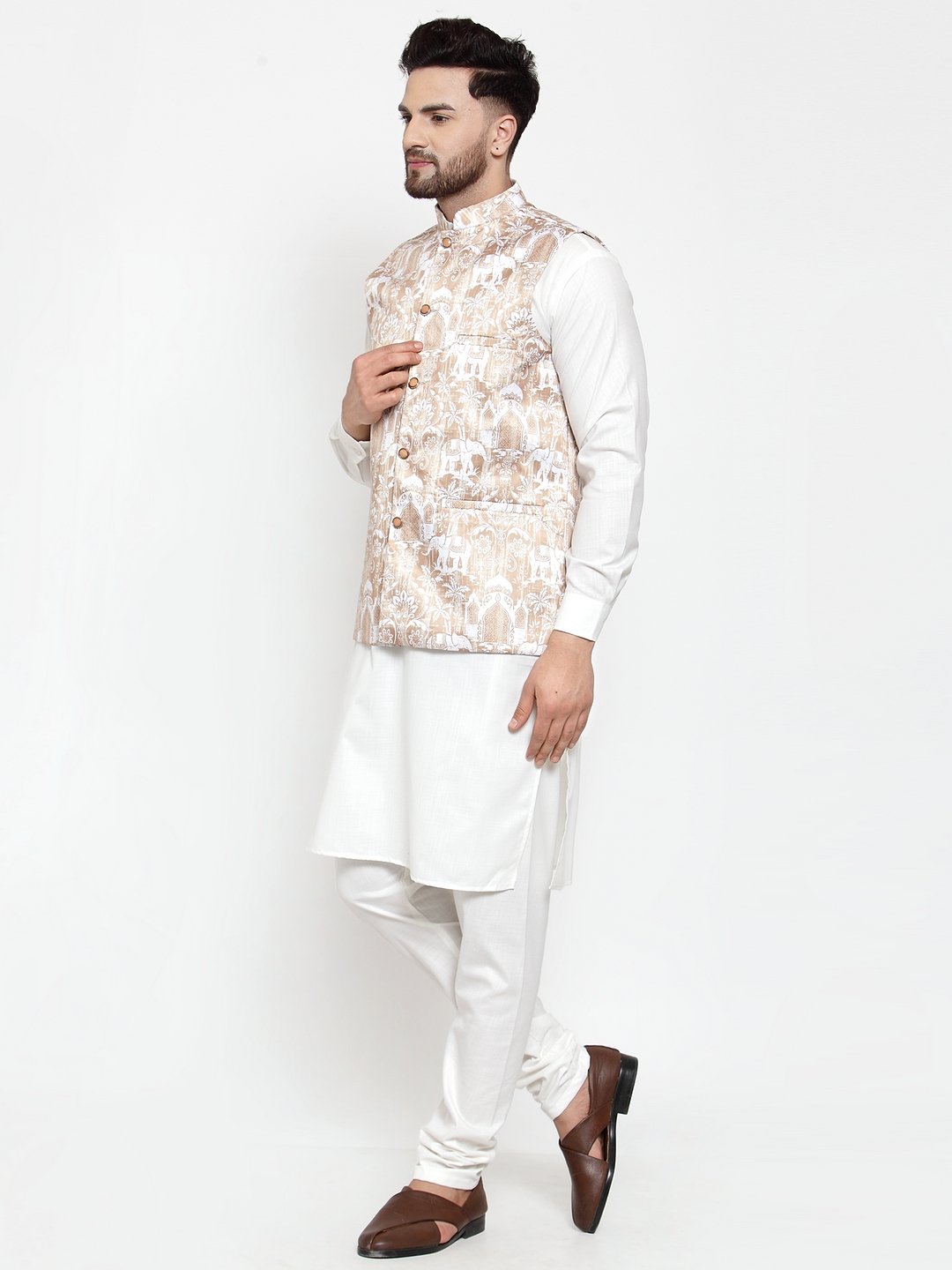 Jompers Men Beige Printed Satin Nehru Jacket