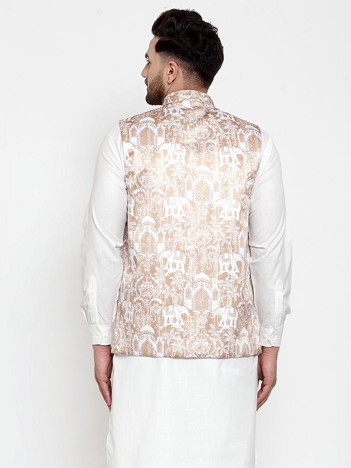 Jompers Men Beige Printed Satin Nehru Jacket