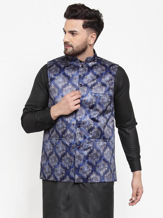 Jompers Men NavyBlue Printed Satin Nehru Jacket