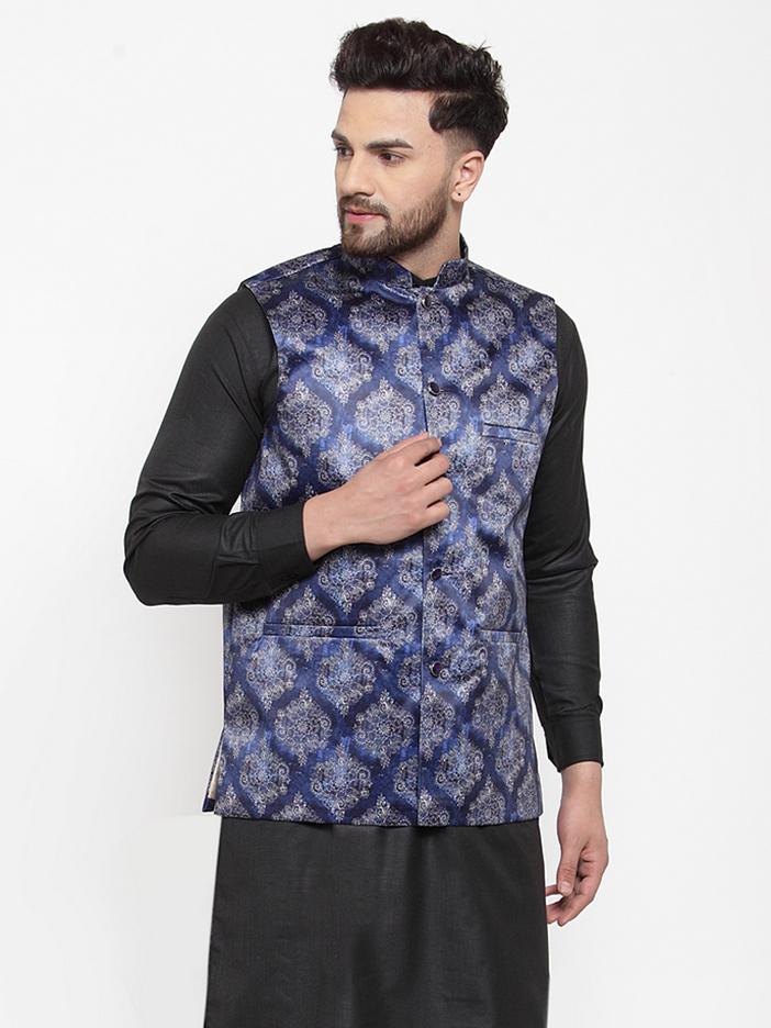 Jompers Men NavyBlue Printed Satin Nehru Jacket