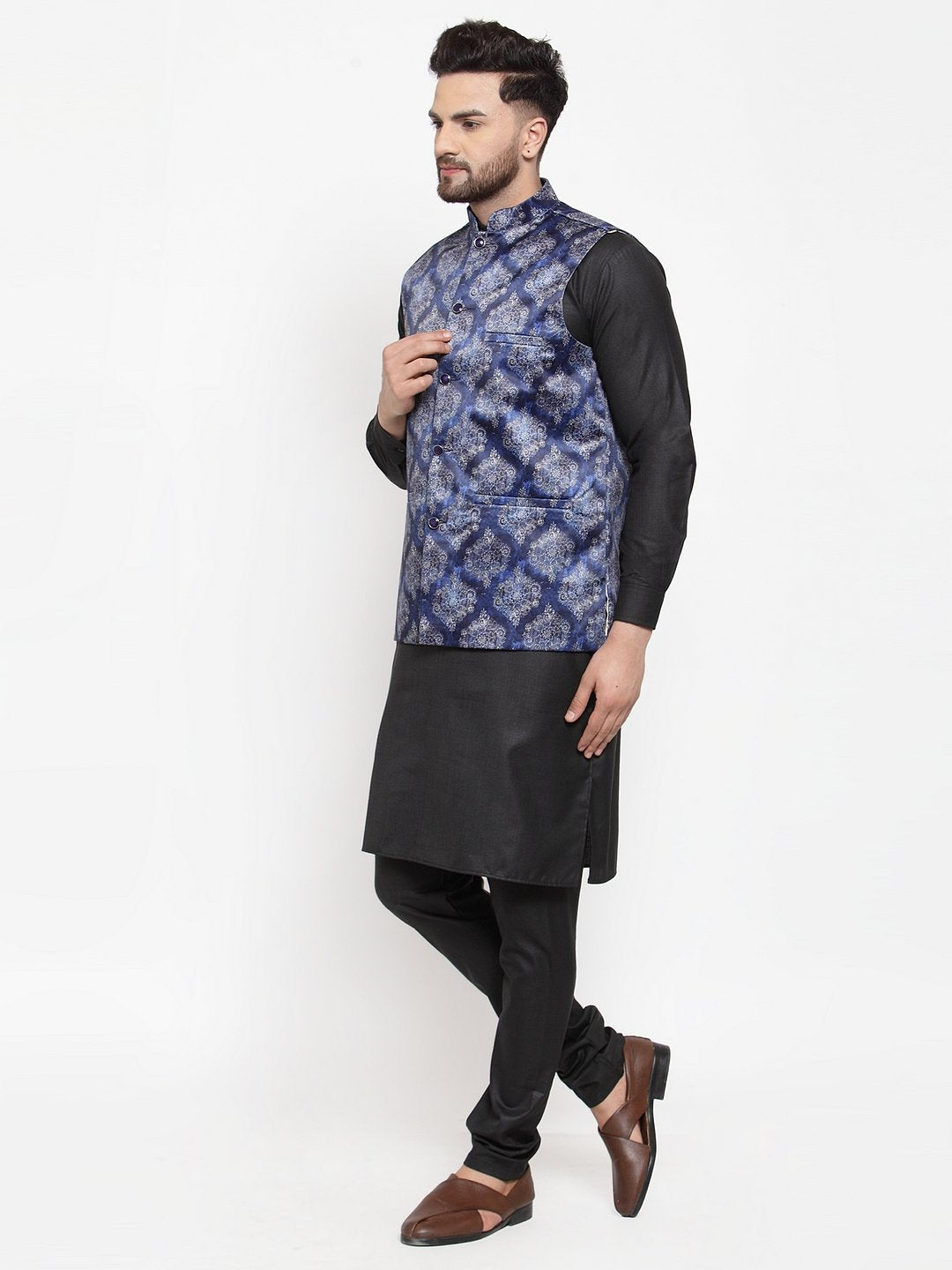 Jompers Men NavyBlue Printed Satin Nehru Jacket