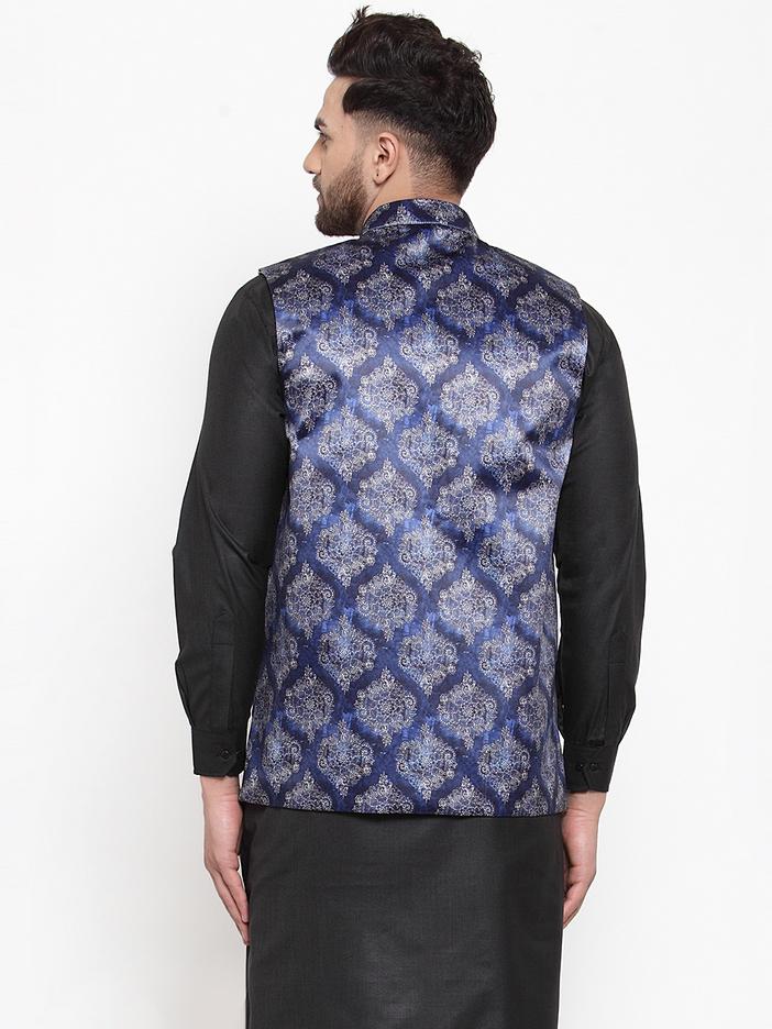 Jompers Men NavyBlue Printed Satin Nehru Jacket