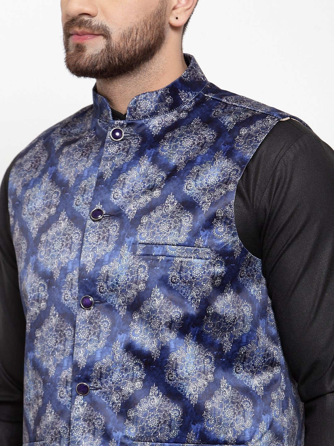 Jompers Men NavyBlue Printed Satin Nehru Jacket