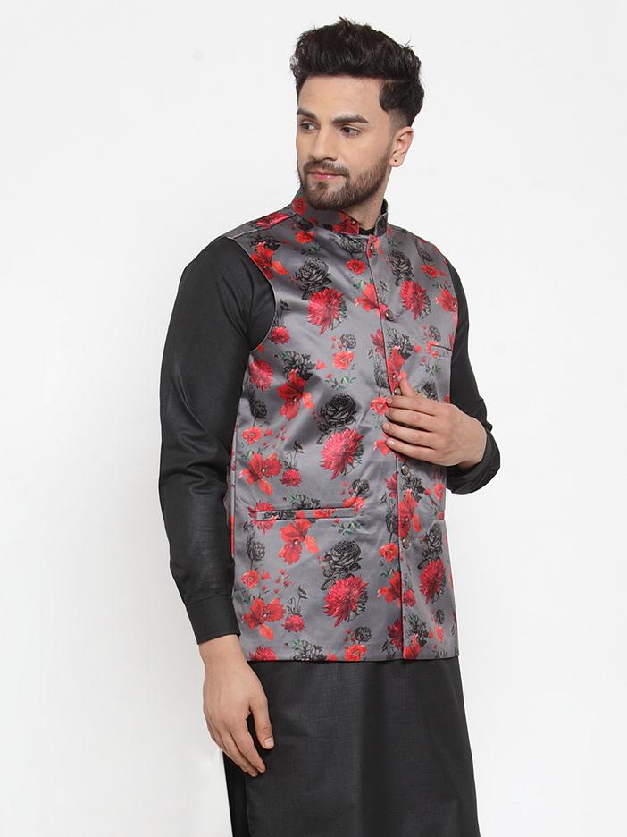 Jompers Men's Grey Printed Satin Nehru Jacket