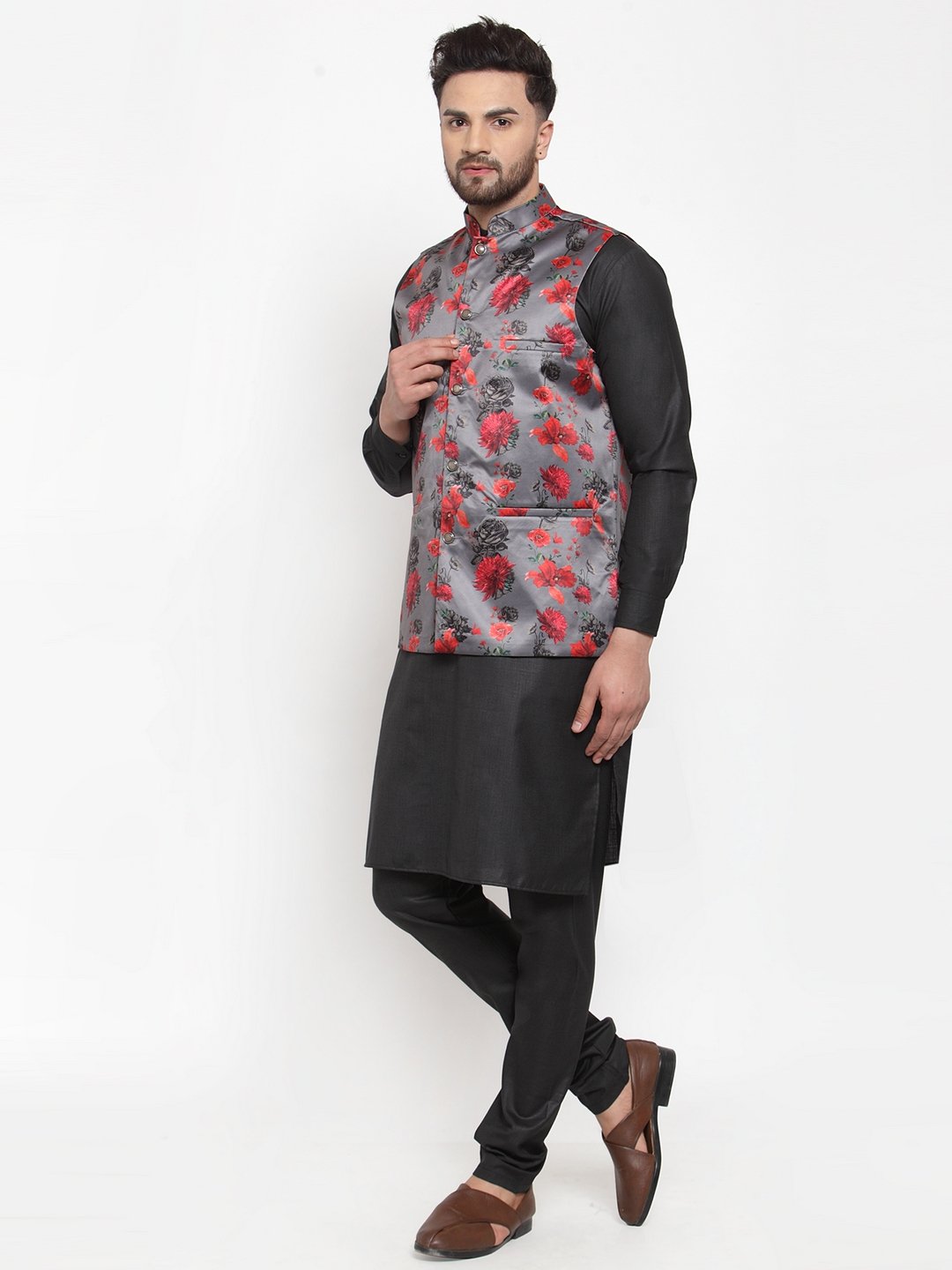 Jompers Men's Grey Printed Satin Nehru Jacket