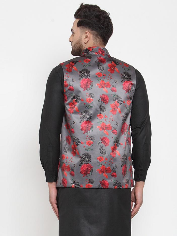 Jompers Men's Grey Printed Satin Nehru Jacket