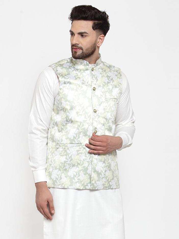 Jompers Men's Lime-Green Printed Satin Nehru Jacket