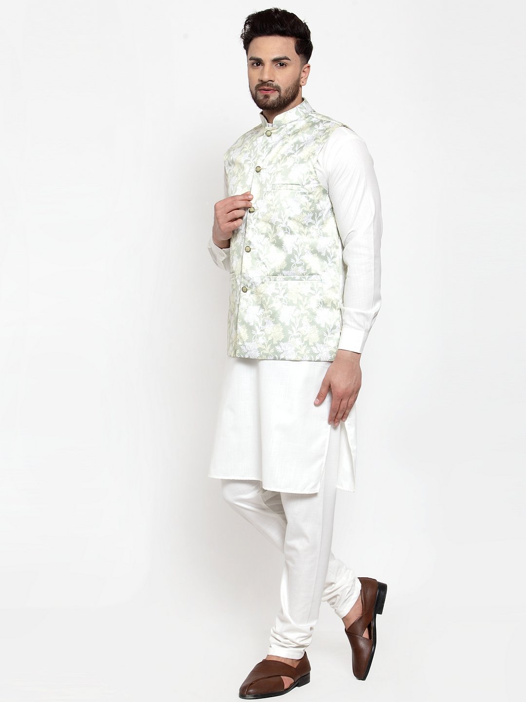 Jompers Men's Lime-Green Printed Satin Nehru Jacket