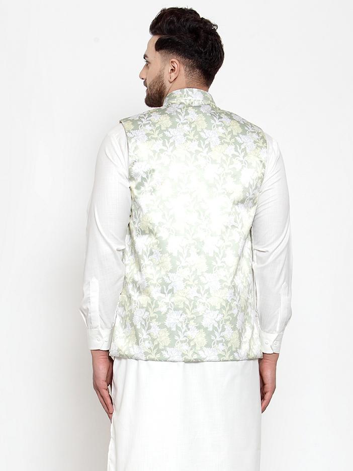 Jompers Men's Lime-Green Printed Satin Nehru Jacket