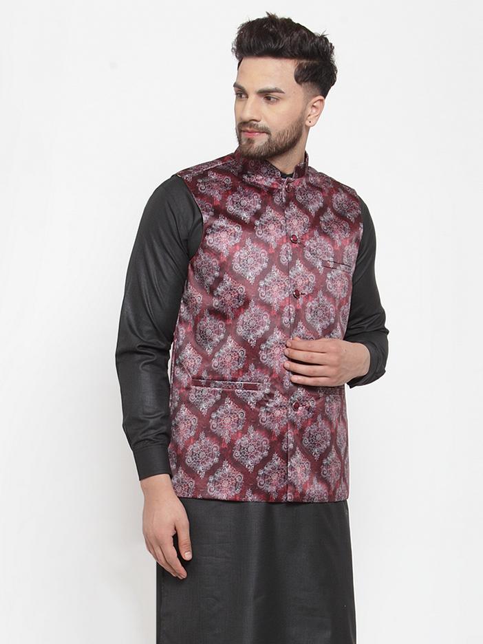 Jompers Men Printed Maroon Satin Nehru Jacket