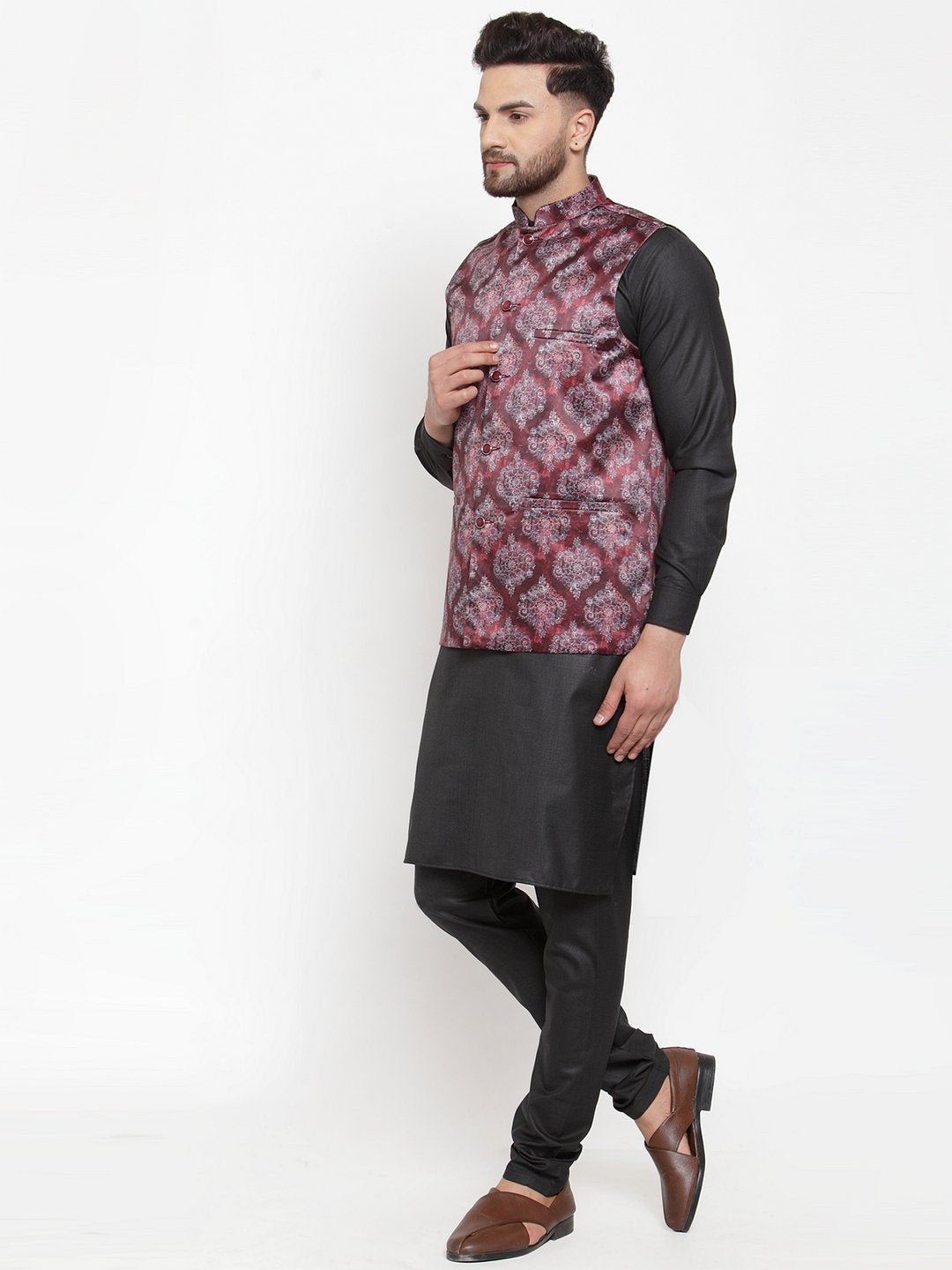 Jompers Men Printed Maroon Satin Nehru Jacket