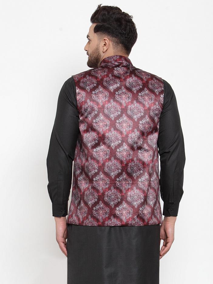 Jompers Men Printed Maroon Satin Nehru Jacket