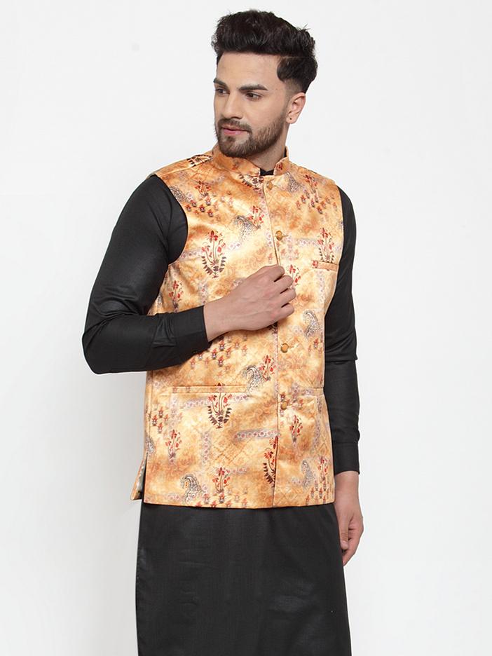 Jompers Men Orange Printed Satin Nehru Jacket