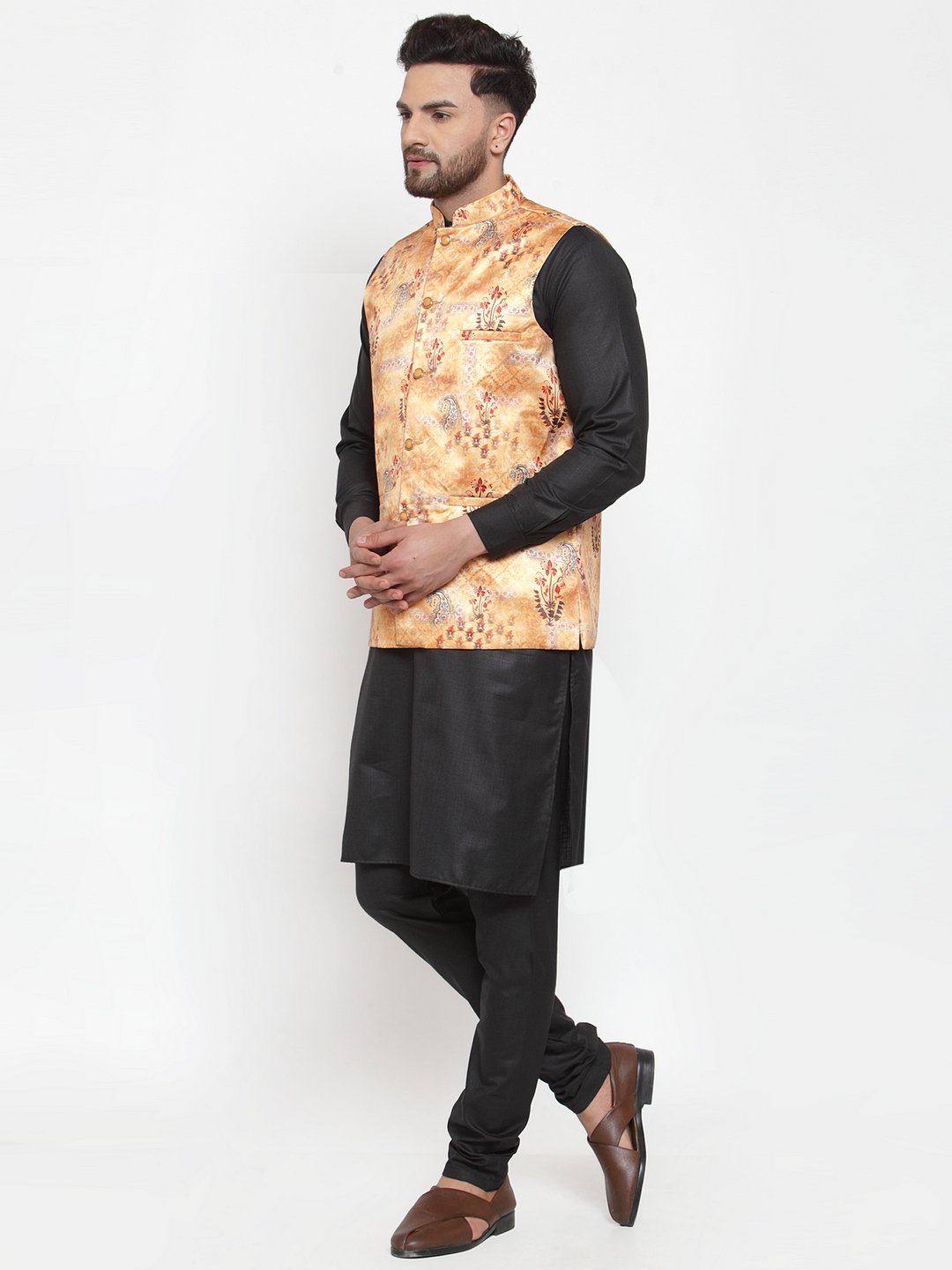 Jompers Men Orange Printed Satin Nehru Jacket