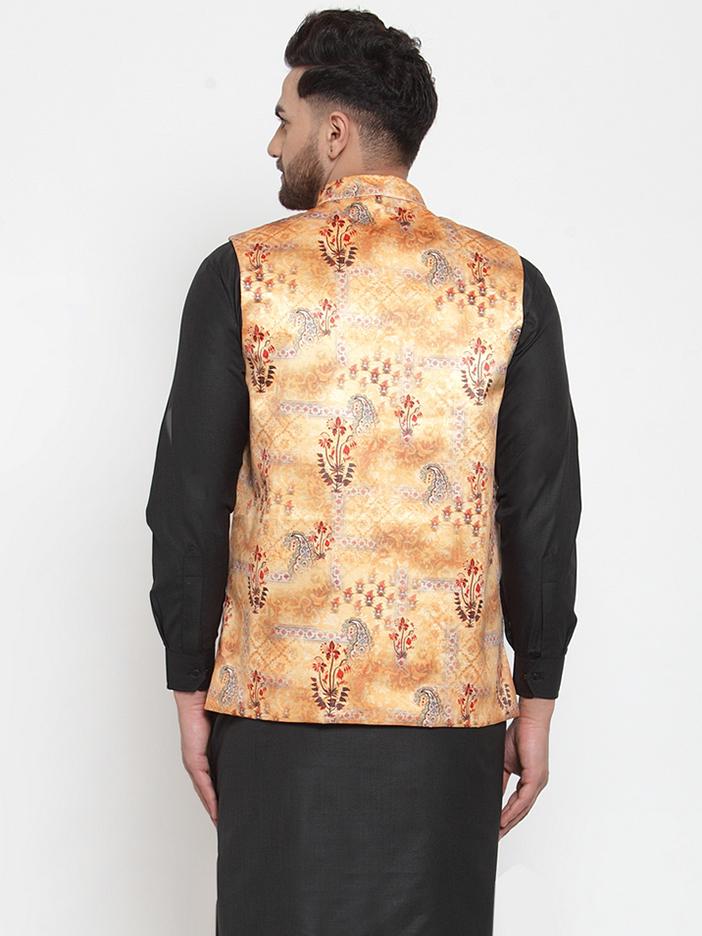 Jompers Men Orange Printed Satin Nehru Jacket