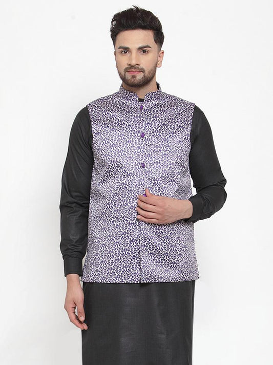 Jompers Men Purple Printed Satin Nehru Jacket