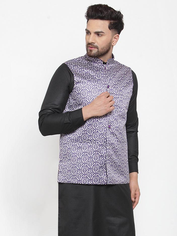 Jompers Men Purple Printed Satin Nehru Jacket
