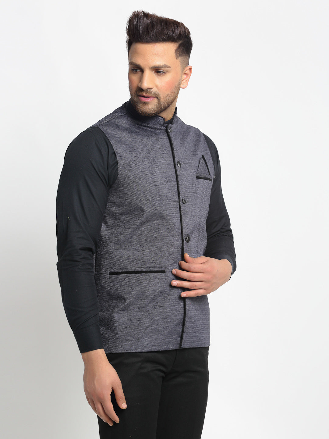 Jompers Men's Grey Solid Nehru Jacket with Square Pocket