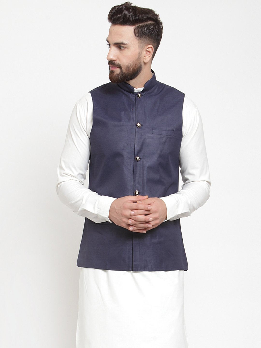 Jompers Men Navy-Blue Solid Nehru Jacket