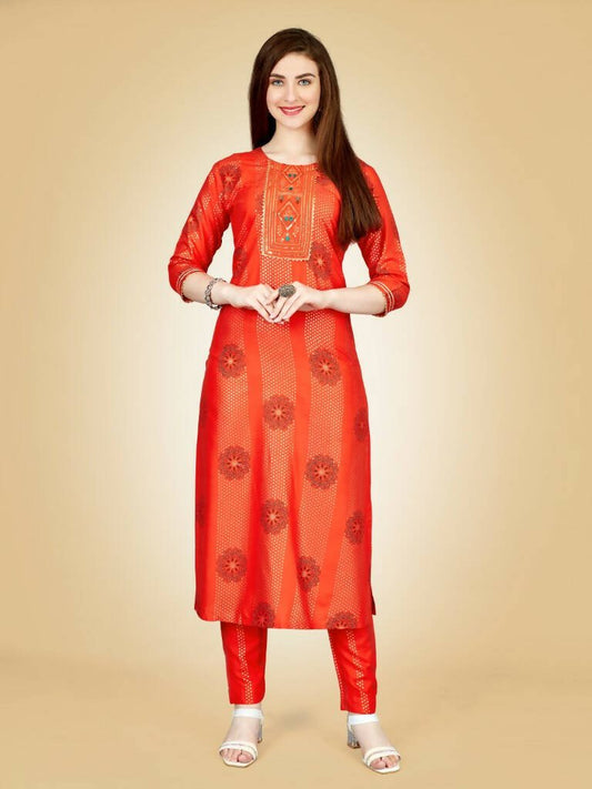 Aastha Fashion Women's Orange Viscose Rayon Embroidered Kurta Pant Set - Grab2buy
