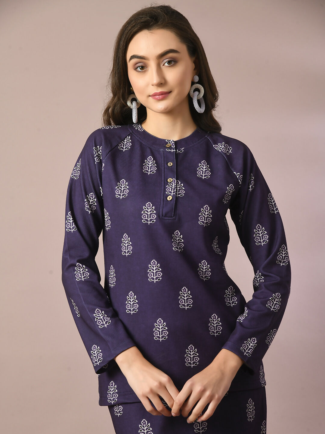 Myshka Women's Navy Blue Printed Round Neck Party Top With Skirt Co-ord set 