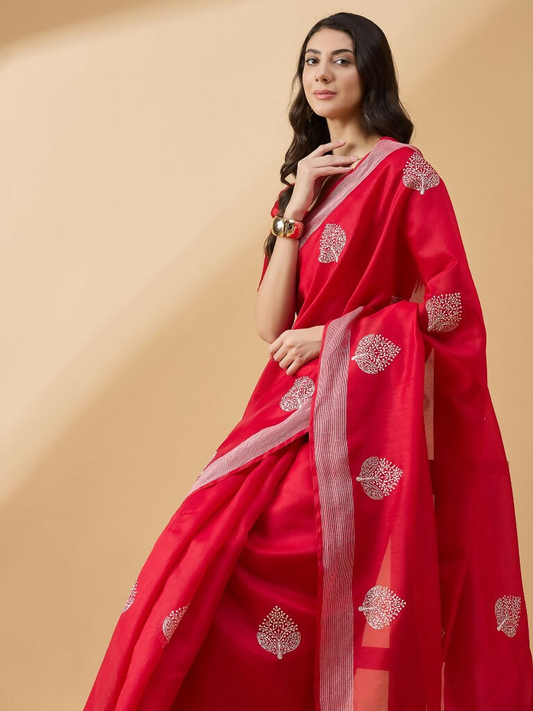 Red Cotton Blend Thread Embroidered Saree with Unstitched Blouse - Satya