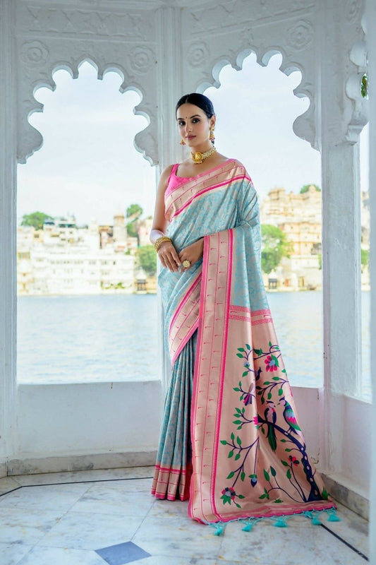 Aastha Fashion Turquoise Woven Kanjivaram Silk Saree with Blouse - Grab2buy