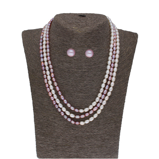 J Pearls Abhi 3 Lines Pearl Necklace Set - Real Pearl Jewelry - Grab2buy