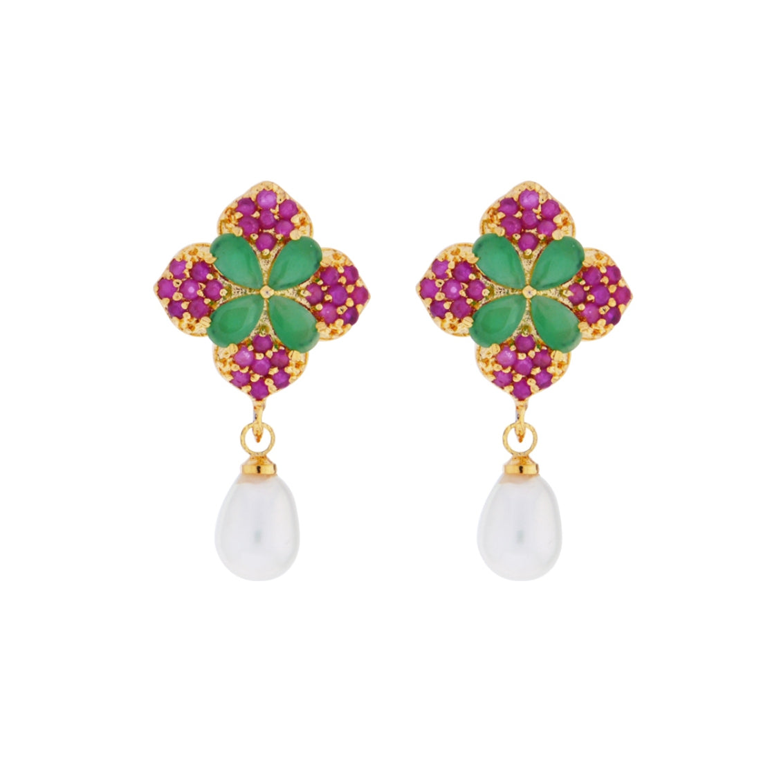 J Pearls Ruby Emerald Semi Precious Stone Drop Earrings - Real Pearl Jewelry - Grab2buy