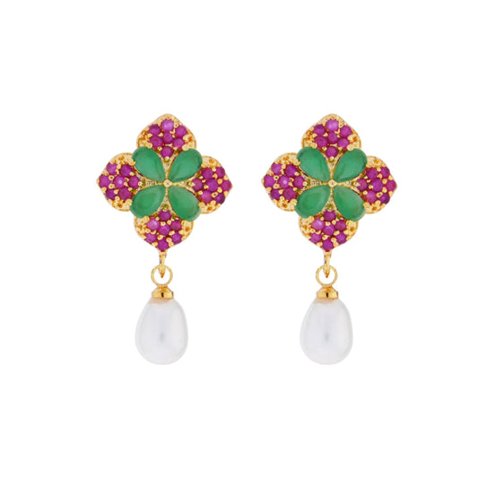 J Pearls Ruby Emerald Semi Precious Stone Drop Earrings - Real Pearl Jewelry - Grab2buy