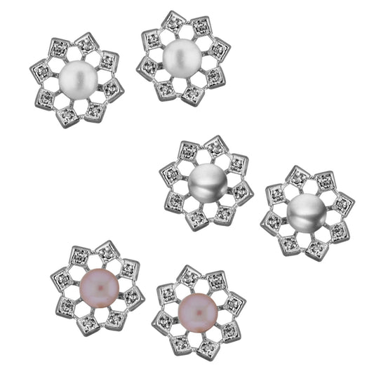 J Pearls Combo Of 3 Pairs Flower Shining Earrings - Real Pearl Jewelry - Grab2buy