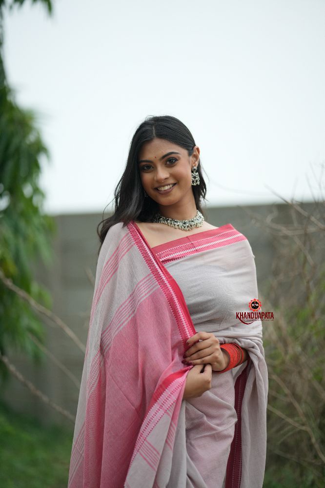 khanduapata Grey and Soft Pink Cotton Saree For Women