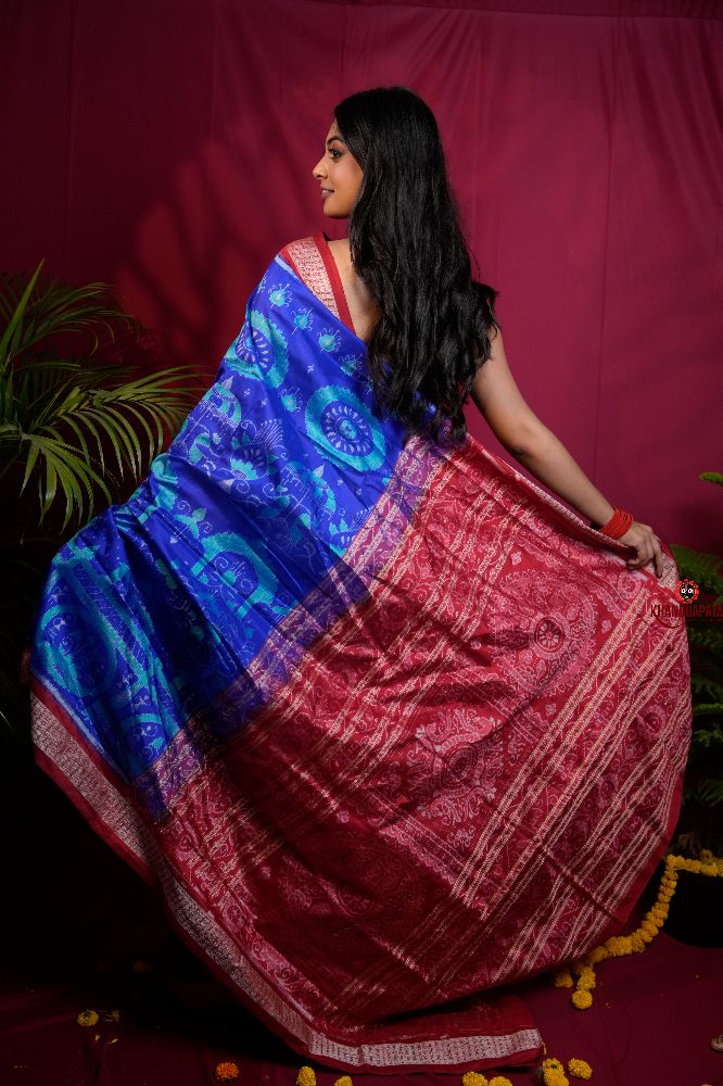 khanduapata Red & Blue Floral Design Silk Saree For Women