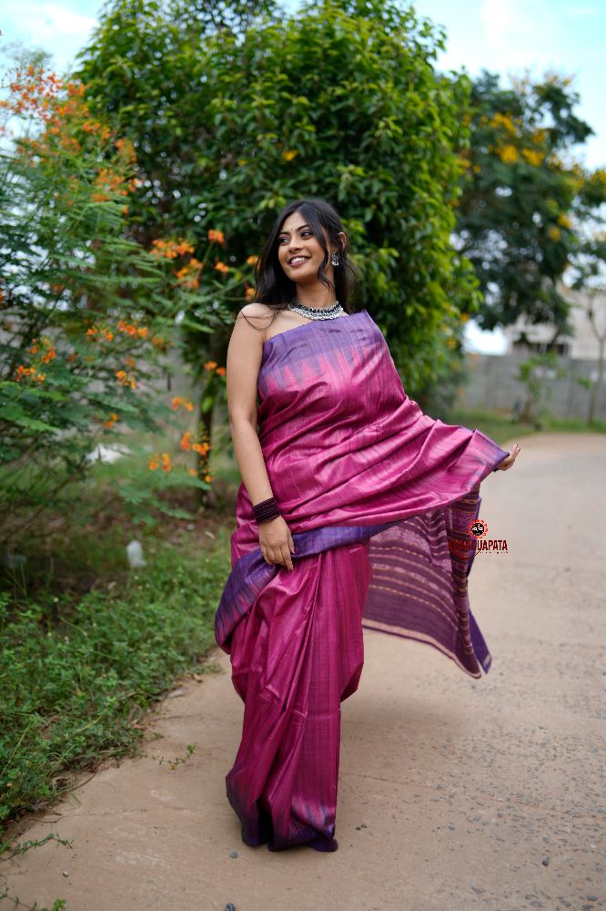 khanduapata Blue & Pink Colour Plain Tussar Silk Saree For Women