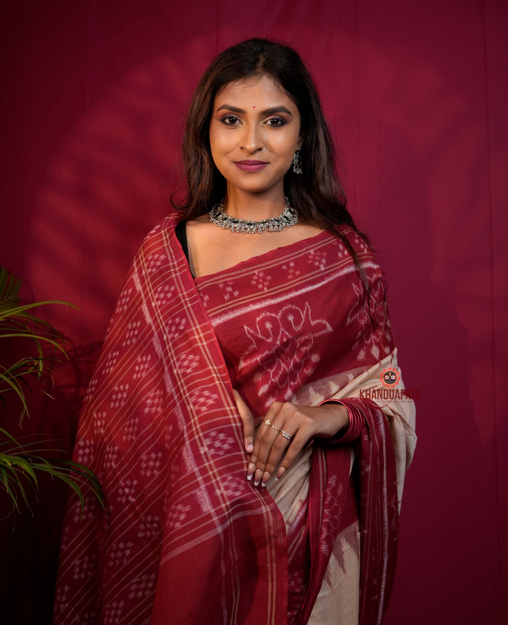 khanduapata Red & Brown Pasapali Border Cotton Saree For Women