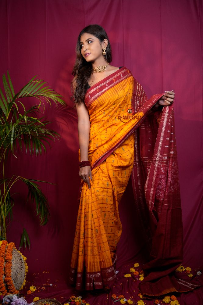 khanduapata Red & Yellow Colour Fish Design Cotton Saree For Women
