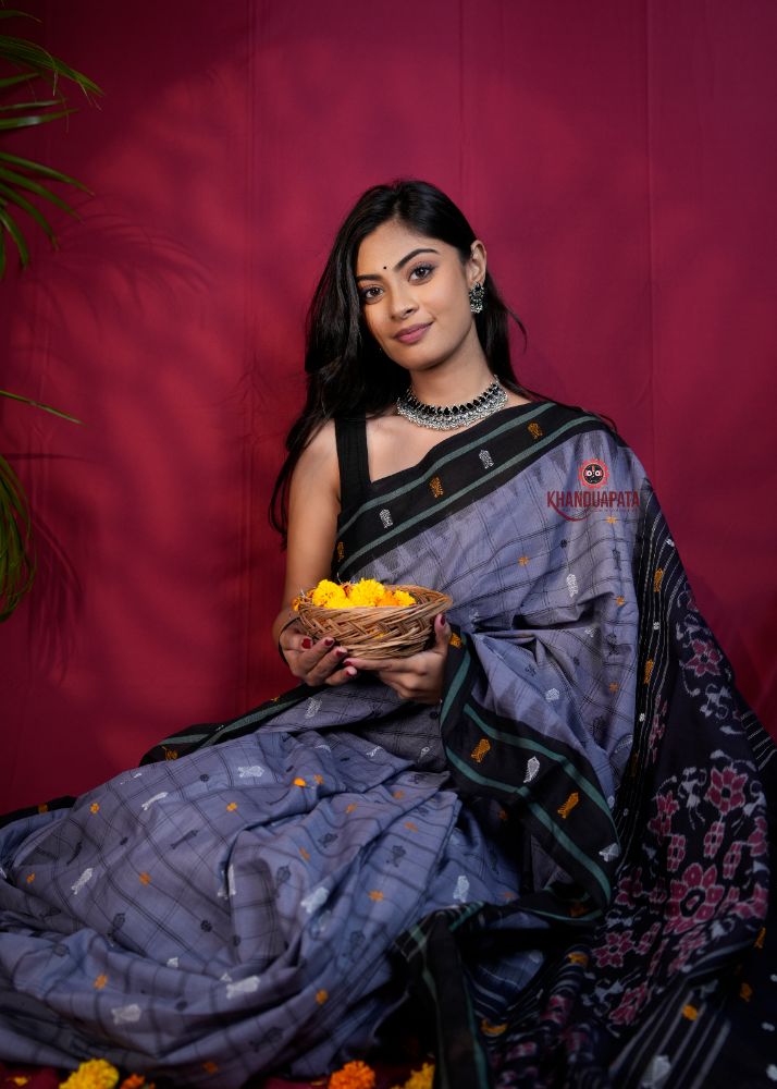 khanduapata Grey & Black Colour Body Design Cotton Saree For Women