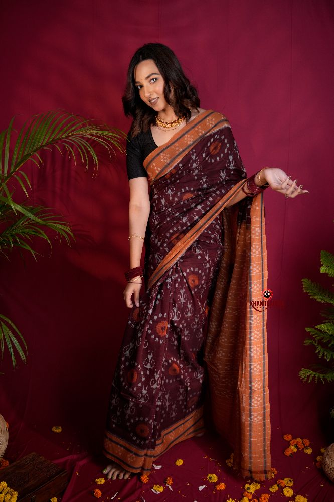khanduapata Maroon & Orange Colour Pasapali Border Body Design Cotton Saree For Women