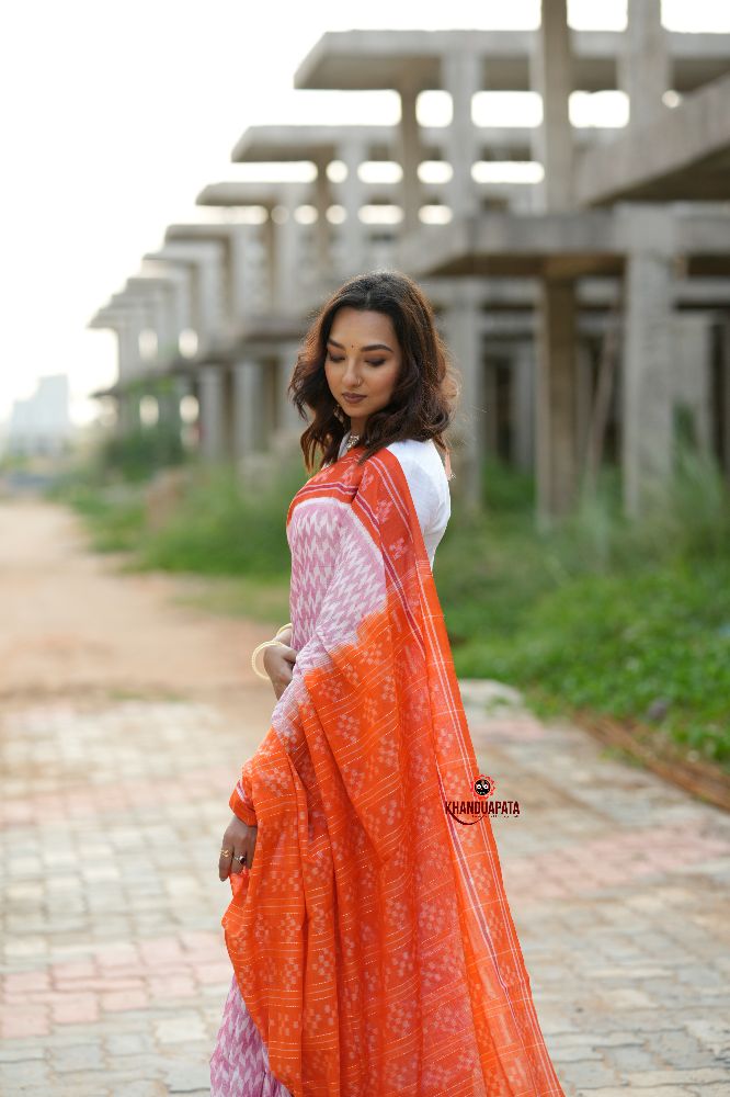 khanduapata Orange & Pink Border Pasapali Design Cotton Saree For Women