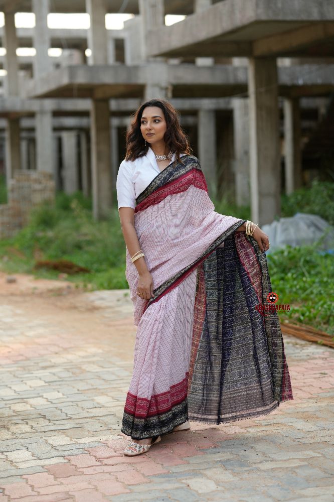 khanduapata White & Red Colour Dot Design Cotton Saree For Women