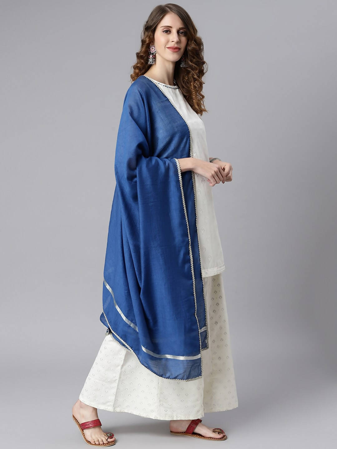 Janasya Women Off White & Silver Printed Kurta with Palazzos & Dupatta