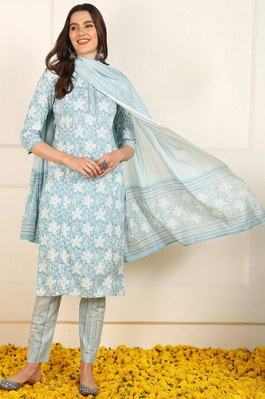 Ahika Blue Cotton Floral Printed Straight Suit Set