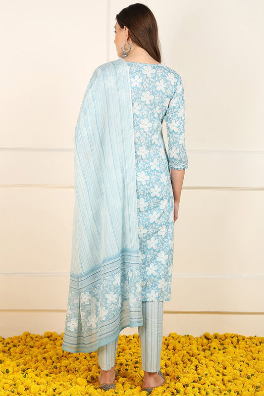 Ahika Blue Cotton Floral Printed Straight Suit Set