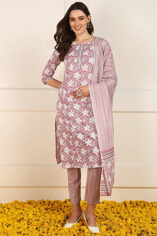 Ahika Pink Cotton Floral Printed Straight Suit Set