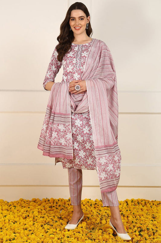 Ahika Pink Cotton Floral Printed Straight Suit Set