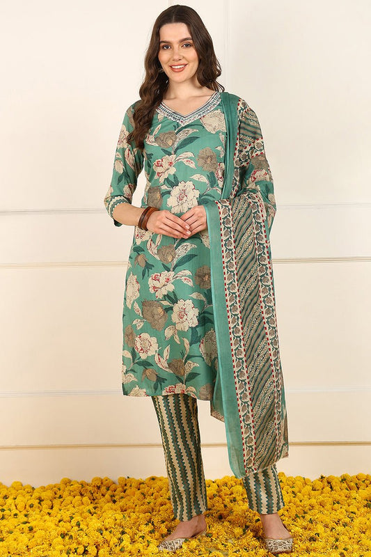 Ahika Green Cotton Floral Printed Straight Suit Set