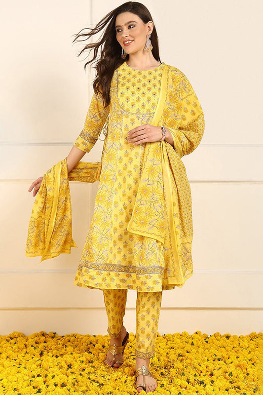 Ahika Yellow Pure Cotton Floral Embroidered Anarkali Suit Set